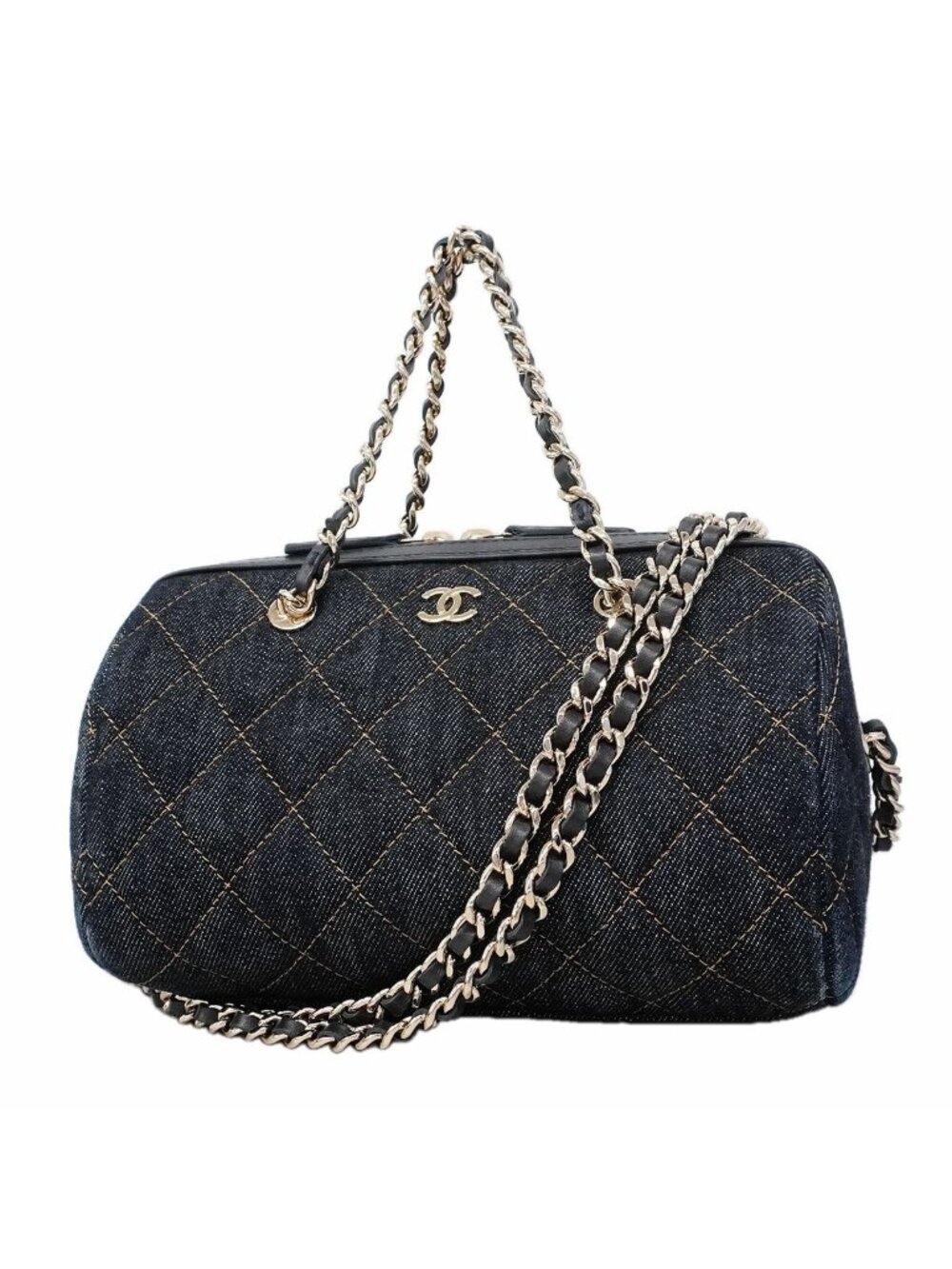 Chanel Handbag Quilted Denim Navy Champagne Gold 2-Way Bag
